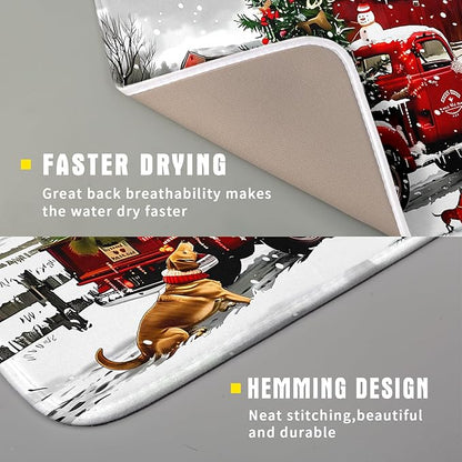 Christmas Red Truck Dish Drying Mat for Kitchen Counter 16x18 Inch Xmas Tree Snowman Dog Winter Print Absorbent Reversible Microfiber Drying Mats Kitchen Countertop Protector Dishes Drainer Rack Pad
