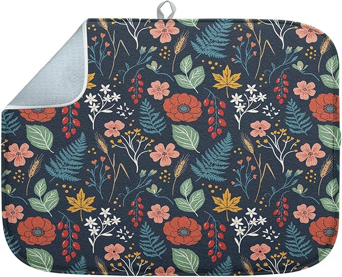 Sanwarm Absorbent Dish Drying Mat, All Lace Colorful Flowers Ornaments Microfiber Pad for Kitchen Counter, Coffee Bar Decor, Heat Resistant and Reversible, 16" x 18"