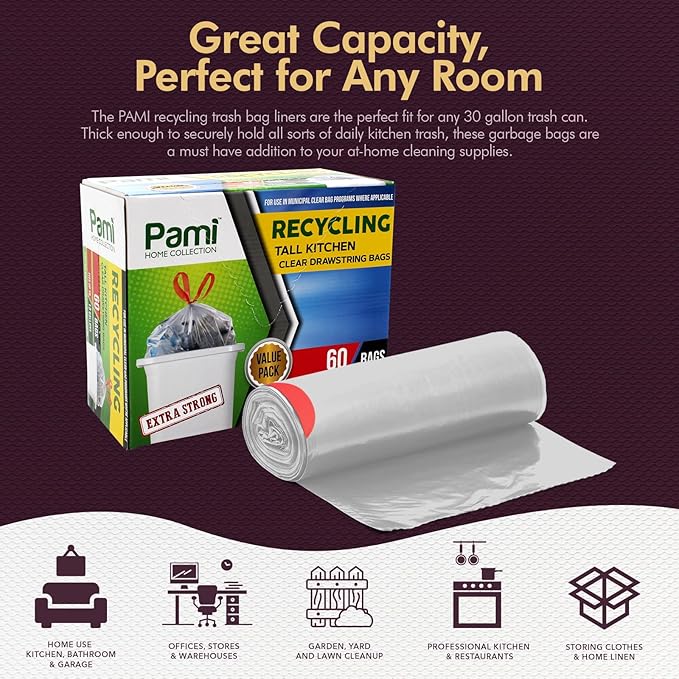 PAMI Recycling Tall Kitchen Drawstring Trash Bags- Extra-Strong Plastic Garbage Bags- Thick Trash Can Liners For Kitchen & Outdoor Bins- 2ft x2ft Unscented Trash Bags (13 Gallon – 60 Count – Clear)