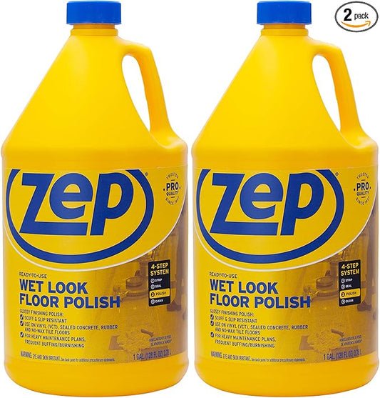 Zep Wet Look Floor Polish - 1 Gallon (Case of 2) ECZUWLFF1282 - Long Lasting Glossy Finishing Polish, Scuff & Slip Resistant, for Vinyl (VCT), Sealed Concrete, Rubber, and No-Wax Tile Floors