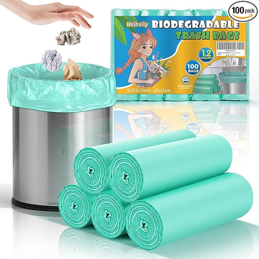 1.2 Gallon Small Biodegradable Trash Bags - Green Mini Garbage Bags (Fit 1-1.3 Gallon) 5 Liter 100 Count Unscented Compostable Tiny Little Waste Basket Kitchen Office Bathroom Liner Heihaily