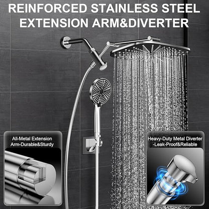 High Pressure Rain Shower Head with Handheld,Wide Rainfall Shower Head Combo with 15" Metal Extension Arm,Detachable Shower head,Rainfall Shower Head with Multi Modes Handheld Spray,Chrome