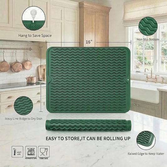 MicoYang Silicone Dish Drying Mat for Multiple Usage,Easy clean,Eco-friendly,Heat-resistant Silicone Mat for Kitchen Counter or Sink,Refrigerator or drawer liner Green L 16 inches x 12 inches