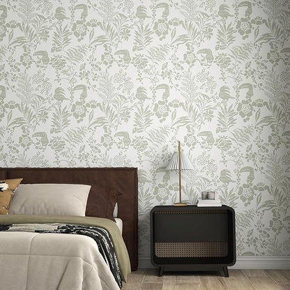 Tropical Botanical Peel and Stick Wallpaper – Green Floral Birds Removable Wallpaper for Bedroom Living Room, Self Adhesive Home Decor, Waterproof Repositionable Wall Covering,17"x120"