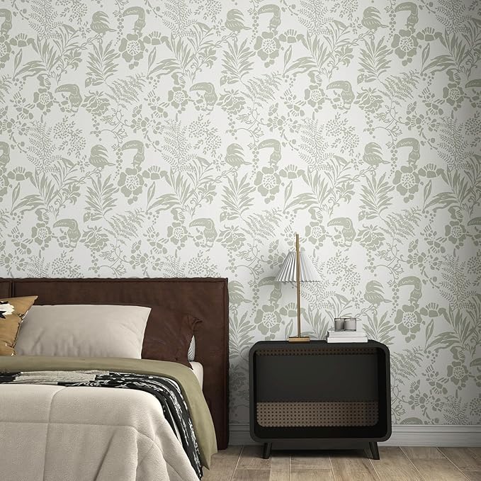 Tropical Botanical Peel and Stick Wallpaper – Green Floral Birds Removable Wallpaper for Bedroom Living Room, Self Adhesive Home Decor, Waterproof Repositionable Wall Covering,17"x 200"