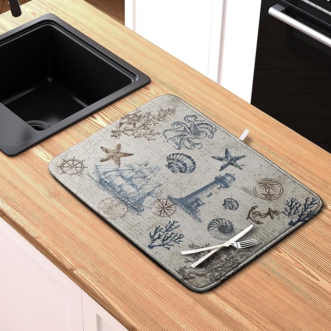 Nautical Coastal Dish Drying Mat for Kitchen Counter Summer Ocean Sailboat Starfish Seashell Absorbent Microfiber Dish Mat Reusable Washable Dish Drainer Rack Mat 16x18 Inch