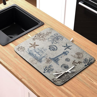 Nautical Coastal Dish Drying Mat for Kitchen Counter Summer Ocean Sailboat Starfish Seashell Absorbent Microfiber Dish Mat Reusable Washable Dish Drainer Rack Mat 16x18 Inch