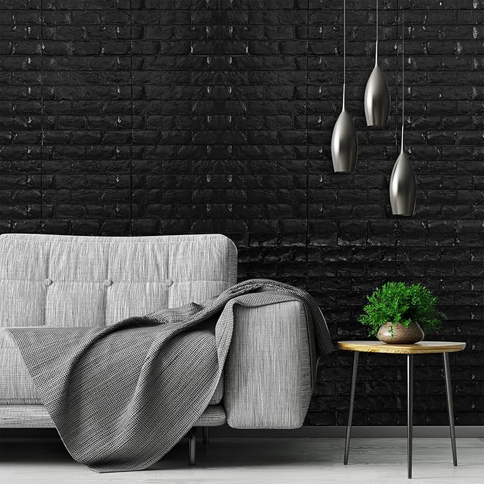YU LI 3DH 3D Wall Panels Peel and Stick 30PCS Black Foam Brick Wallpaper for Bedroom Faux Stone Wall Panel Self-Adhesive Wallpaper (30PCS-29 Sq Ft, Black)