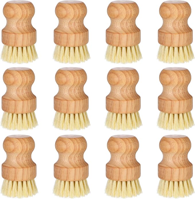 12 Pack Bamboo Scrub Brush for Dishes, Wooden Dish Scrubber Brushes with Natural Sisal Bristle Full Circle Scrub Brush for Kitchen Cleaning Dishes Iron Pot Pan Sink
