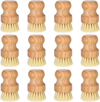 12 Pack Bamboo Scrub Brush for Dishes, Wooden Dish Scrubber Brushes with Natural Sisal Bristle Full Circle Scrub Brush for Kitchen Cleaning Dishes Iron Pot Pan Sink