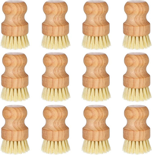 12 Pack Bamboo Scrub Brush for Dishes, Wooden Dish Scrubber Brushes with Natural Sisal Bristle Full Circle Scrub Brush for Kitchen Cleaning Dishes Iron Pot Pan Sink