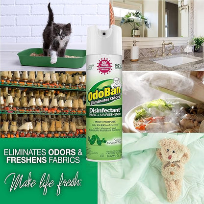 OdoBan Ready-to-Use 360-Degree Continuous Spray Disinfectant and Harsh Aroma Eliminator, Fabric and Air Freshener, 3 Pack, 14.6 Ounces Each, Original Eucalyptus Scent Clear