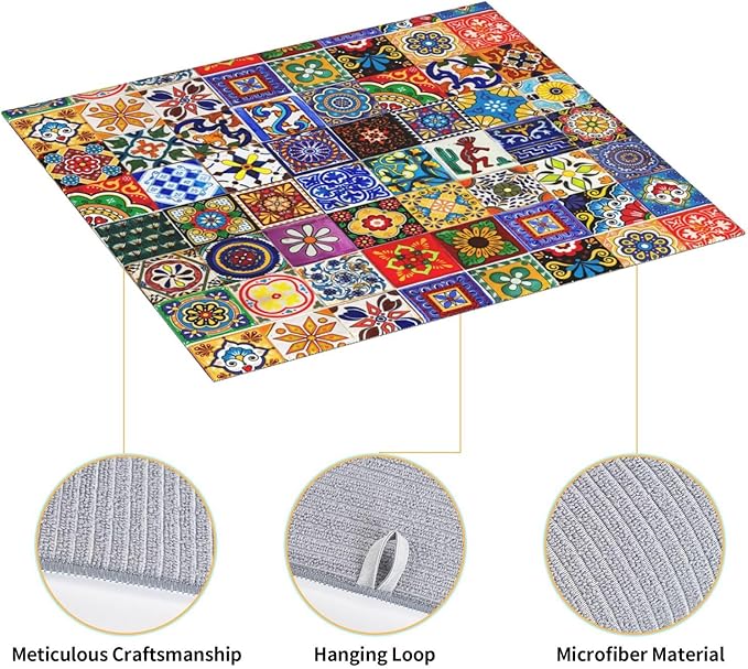 Bohemian Chic Floral Dish Drying Mat, Highly Absorbent Microfiber Kitchen Counter Pad Reusable Washable, 16*18"