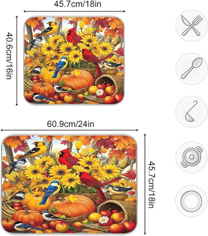 Fall Birds Dish Drying Mat for Kitchen Countertop 18x24 Autumn Pumpkin Sunflower Large Drying Mat Reusable Quick Dry Dish Sink Mats Easy Clean Decorative Essentials