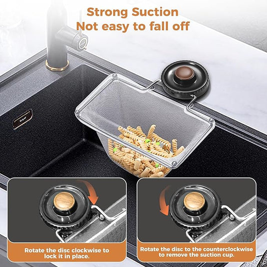 Kitchen Sink Strainer with Filter Mesh Bag, Suction Cup Food Waste Filter Basket, Foldable Washing Vegetables and Fruits Drying Bag Holder (Black Sink Strainer+100pcs Mesh Bag)