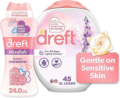 Dreft Laundry Bundle: Dreft Detergent Pacs, Lightly Scented, Lavender, HE Compatible, 45 Count + Dreft Blissfuls In-Wash Scent Booster Beads, Baby Fresh Scent, 24 oz