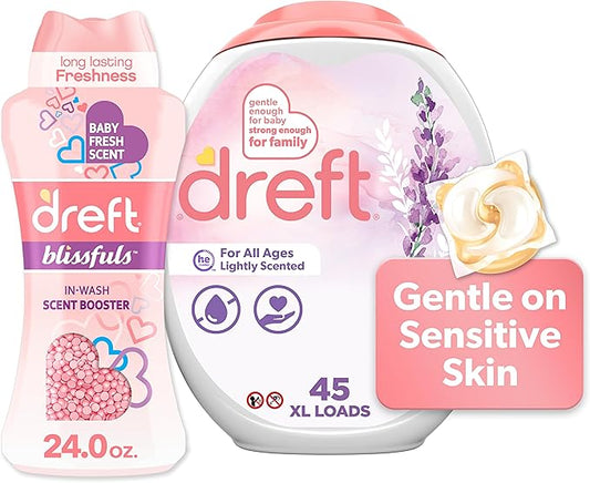 Dreft Laundry Bundle: Dreft Detergent Pacs, Lightly Scented, Lavender, HE Compatible, 45 Count + Dreft Blissfuls In-Wash Scent Booster Beads, Baby Fresh Scent, 24 oz