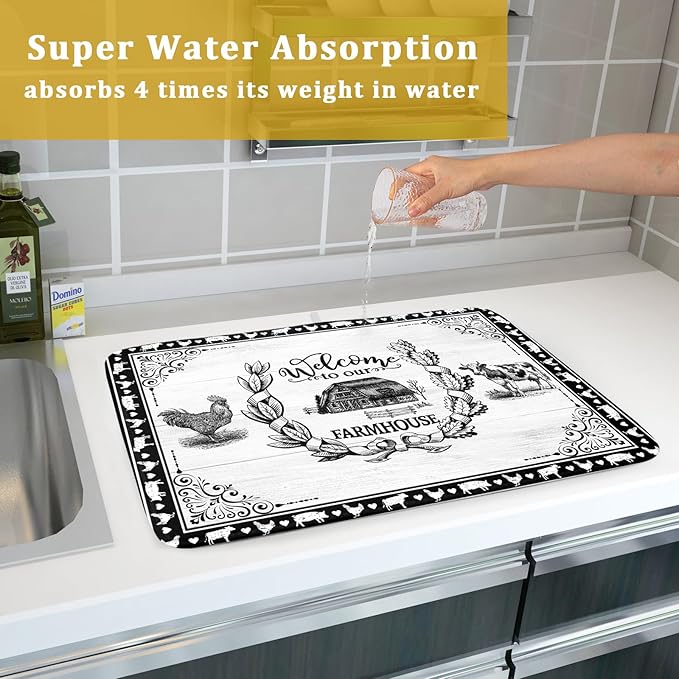 Farm Animal Dish Drying Mat 18x24 Inch Welcome to Our Farmhouse Microfiber Dish Drainer Pads Absorbent Fast Dry Kitchen Accessories