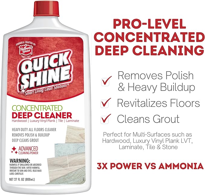 Quick Shine Multi Surface Deep Floor Cleaner and Wax Remover 27Fl oz,(Pack of 2) Removes Wax Build-Up,Revitalizes Floors &Cleans Grout,Use on Hardwood, Laminate, LVT,Tile and Stone,Pro-Level Cleaning