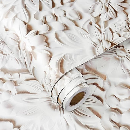 FunStick 17.5"x354" Cream White Peel and Stick Wallpaper Faux 3D Embossed Floral Wallpaper Self Adhesive Wallpapers for Bedroom Living Room Wall Panels White Floral Contact Paper for Walls Cabinets