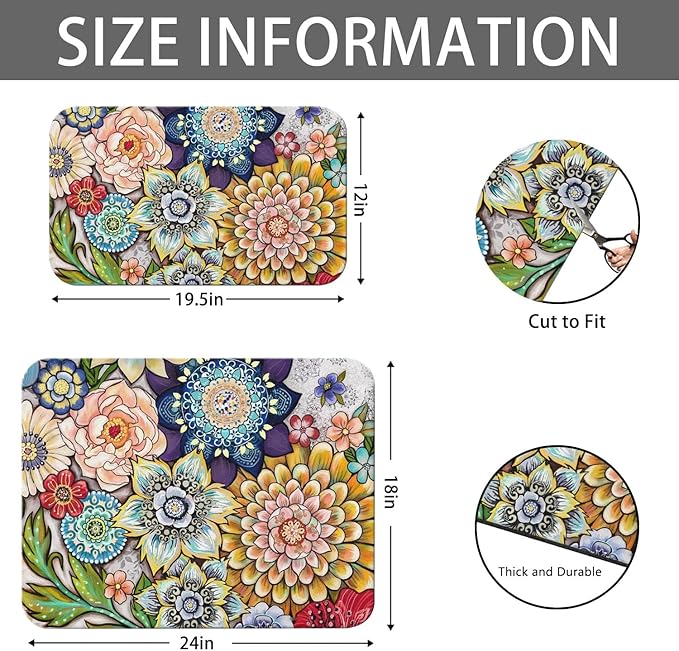 Dish Drying Mat for Kitchen Counter 2 Pack with Non-Slip Rubber Backing - Heat-Resistant Absorbent Coffee Bar Mat, Dish Rack Mat, Mandala Flower Dish Drying Mats 18x24+19.5x12 inch