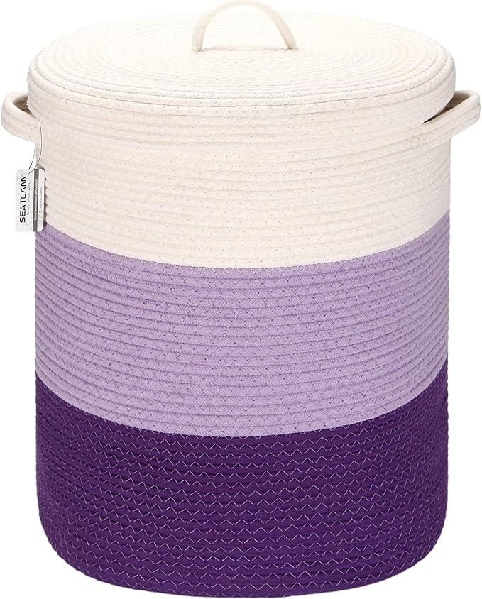 Sea Team Large Size Cotton Rope Woven Storage Basket with Lid, Lidded Laundry Hamper with Handles, Fabric Bucket with Cover, Clothes Toys Organizer for Kid's Room, 16 x 20 inches, White & Lavender