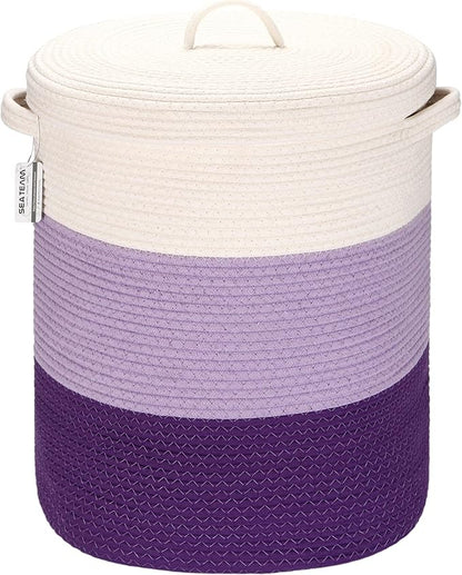 Sea Team Large Size Cotton Rope Woven Storage Basket with Lid, Lidded Laundry Hamper with Handles, Fabric Bucket with Cover, Clothes Toys Organizer for Kid's Room, 16 x 20 inches, White & Lavender