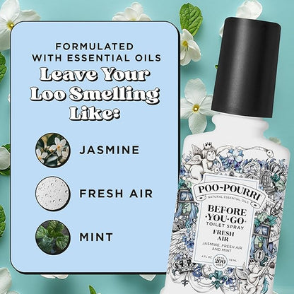 Poo-Pourri Before-You-Go Toilet Spray,Fresh Air,4 Fl Oz,Up to 200 Uses,Bathroom Odor Deodorizer,Plant-Based with Essential Oils,for Home or Work,Jasmine,Fresh Air and Mint Scent,(Pack of 2)