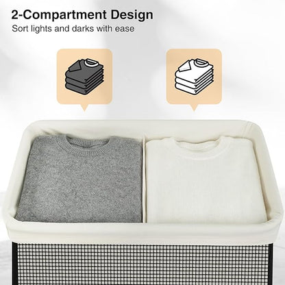 STO STO Double Laundry Hamper with Lid, 140L Large 2 Section Laundry Sorter, Laundry Basket with Removable Washable Canvas Liner Bag, Breathable Clothes Hamper for Bedroom Bathroom Laundry Room Closet