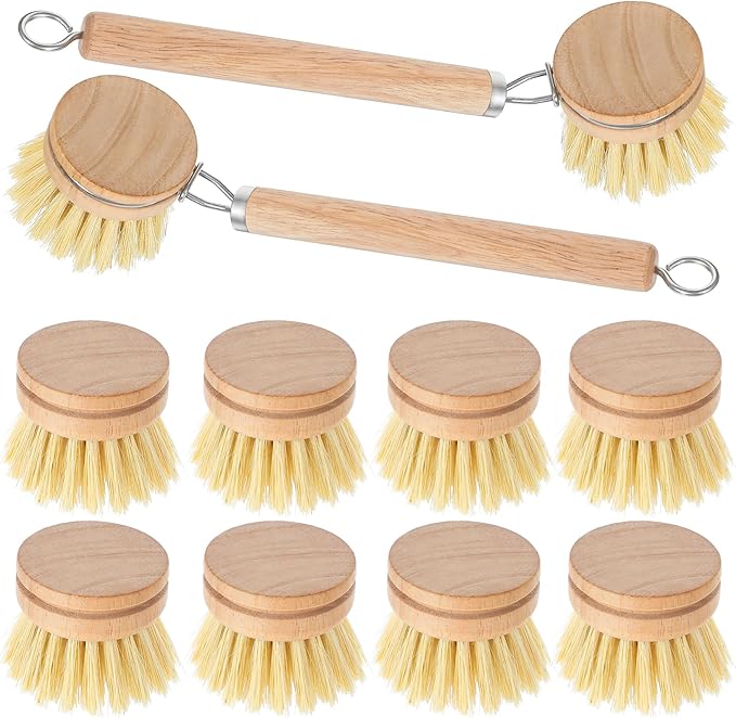 Bamboo Dish Brush with Handle, 10 Pcs Replacement Heads Wooden Kitchen Brush for Dishes, Vegetable Brushes Dish Scrubber for Cleaning Kitchen Room Vegetable Pots and Pans