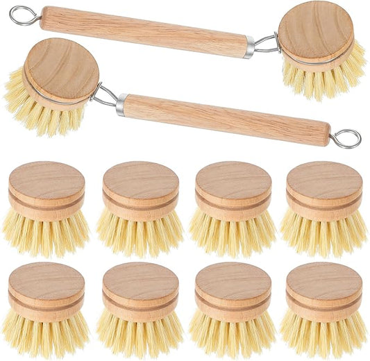 Bamboo Dish Brush with Handle, 10 Pcs Replacement Heads Wooden Kitchen Brush for Dishes, Vegetable Brushes Dish Scrubber for Cleaning Kitchen Room Vegetable Pots and Pans