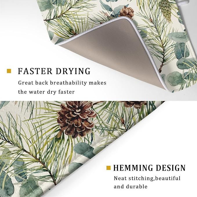 Winter Christmas Dish Drying Mat for Kitchen Counter 18x24 Evergreen Leaves Pinecone Holiday Theme Absorbent Reversible Microfiber Drying Mats Kitchen Countertop Protector Dishes Drainer Pad