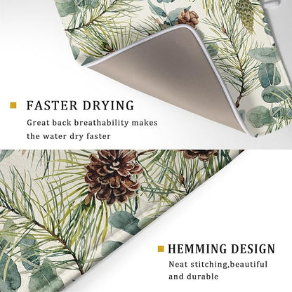 Winter Christmas Dish Drying Mat for Kitchen Counter 18x24 Evergreen Leaves Pinecone Holiday Theme Absorbent Reversible Microfiber Drying Mats Kitchen Countertop Protector Dishes Drainer Pad