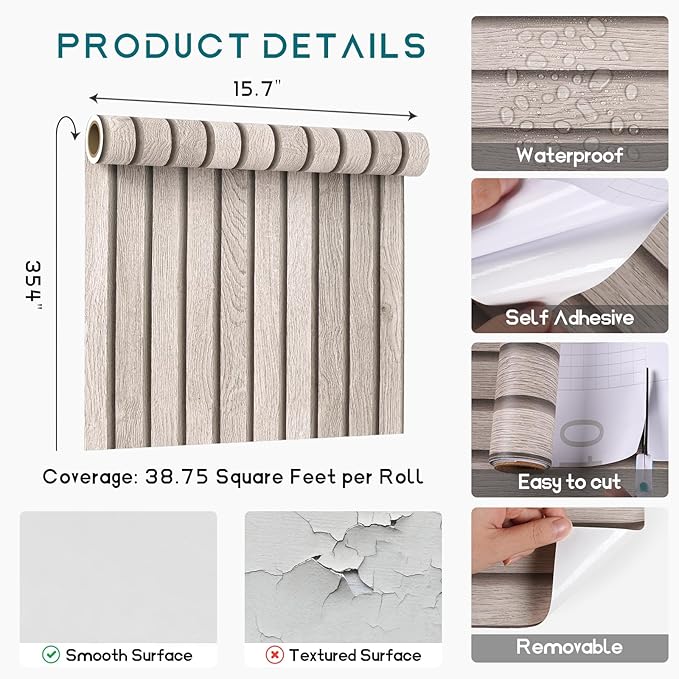 VEELIKE Grey Wooden Slats Peel and Stick Wallpaper Wood Contact Paper for Walls Kitchen Cabinets 15.7''x354'' Waterproof Self Adhesive Slats Wood Panel Vinyl Wallpaper for Bedroom Wall Décor Farmhouse