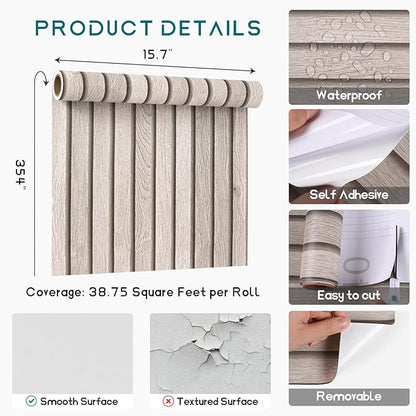 VEELIKE Grey Wooden Slats Peel and Stick Wallpaper Wood Contact Paper for Walls Kitchen Cabinets 15.7''x354'' Waterproof Self Adhesive Slats Wood Panel Vinyl Wallpaper for Bedroom Wall Décor Farmhouse