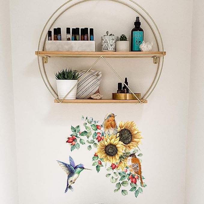 Sunflower Wall Stickers & Murals Bird Wall Decals Peel and Stick Yellow Flower Window Clings Watercolor Hummingbird Art Decor Wall Clings Kitchen Cabinet Decals for Bathroom Toilet Tank Girls Bedroom