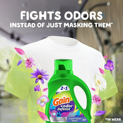 Gain Odor Defense Liquid Laundry Detergent, Super Fresh Blast Scent, 88 fl oz, 61 loads, 2 in 1, Laundry Detergent Liquid Soap, HE compatible