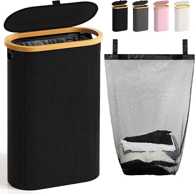 Slim Laundry Hamper with Lid, 60L Small Laundry Basket with Handles&Removable Bag, Thin Dirty Clothes Hampers for Laundry, Narrow Laundry Hampers for Bedroom Aesthetic, Black