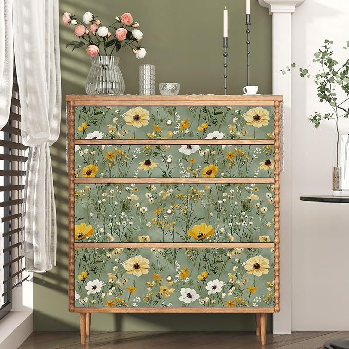 Laatse Vintage Daisy Wallpaper Peel and Stick, Green Yellow Floral Contact Paper, Botanical Wall Paper Self Adhesive Removable Waterproof for Bathroom Bedroom Shelf Cabinet Drawer Table 17.5" x 118"
