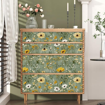 Laatse Vintage Daisy Wallpaper Peel and Stick, Green Yellow Floral Contact Paper, Botanical Wall Paper Self Adhesive Removable Waterproof for Bathroom Bedroom Shelf Cabinet Drawer Table 17.5" x 118"