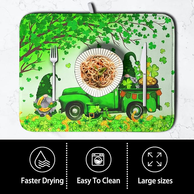 St Patricks Day Shamrock Drying Mat for Kitchen Counter Green Gnome Truck Dishes Drying Mat St. Patricks Day Spring Washable Dish Drying Pad Absorbent Microfiber Dishes Drainer Mats 16x18 Inch