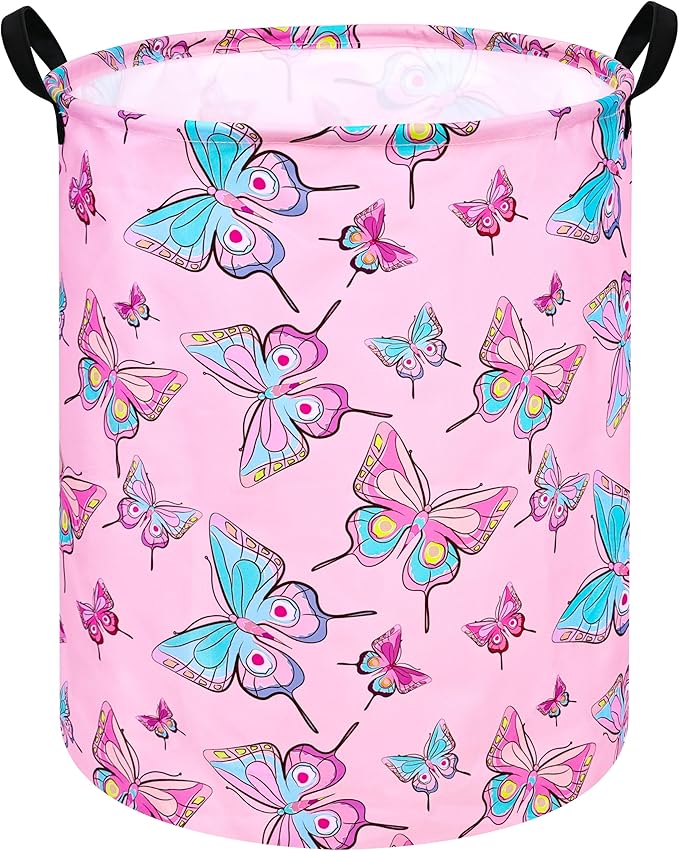 Round Pink Butterfly Laundry Basket Storage Bins Nursery Hamper Gift Baskets for Home,Office,Home Decor