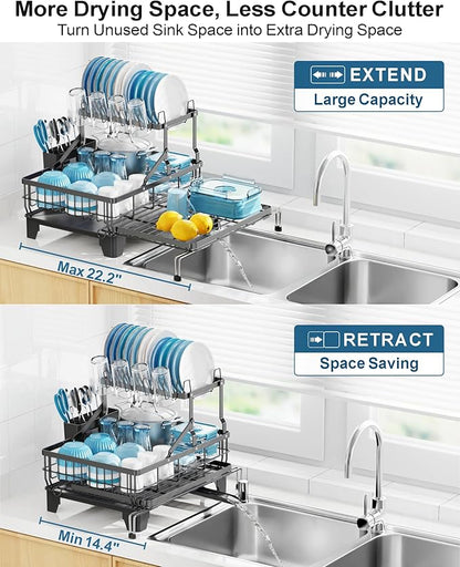 GSlife Large 2 Tier Dish Drying Rack, Expandable Heavy-Duty Dish Rack for Kitchen Counter, Rust-Resistant Dish Drainer with Utensil & Cup Holder, Auto-Drain, 16.9" W x 14.4"-22.4" L, Black