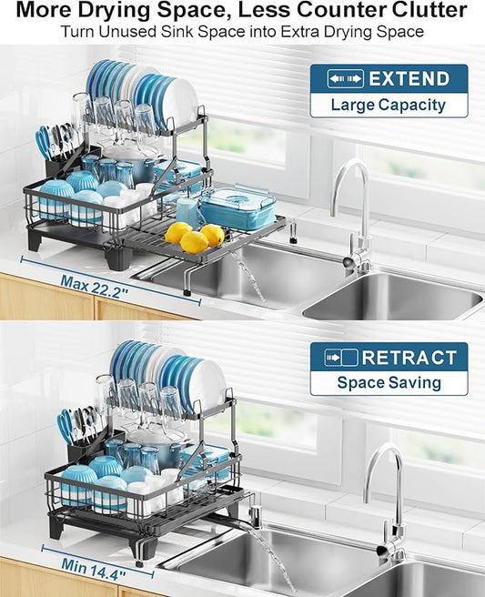 GSlife Large 2 Tier Dish Drying Rack, Expandable Heavy-Duty Dish Rack for Kitchen Counter, Rust-Resistant Dish Drainer with Utensil & Cup Holder, Auto-Drain, 16.9" W x 14.4"-22.4" L, Black