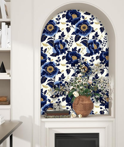 Fvlow Navy Floral Wallpaper Peel and Stick Dark Blue Large Flower Contact Wall Paper Waterproof Self-Adhesive Wall Covering for Bedroom Countertop Desk Cabinets Decor Renter Friendly 17.4" x 118"