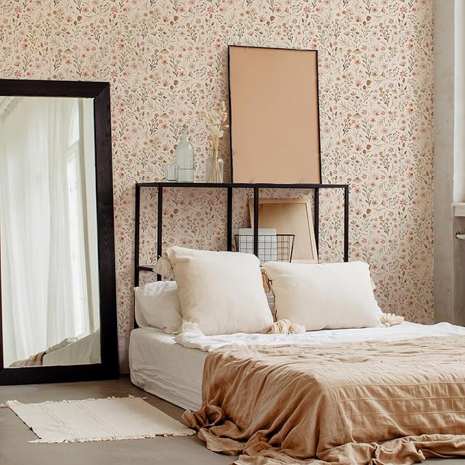 Kazova Boho Wildflower Wallpaper Peel and Stick Floral Contact Paper Waterproof Self Adhesive Vinyl for Bedroom Wall Decor Drawers Cabinet Shelf Liner（4 Sheets）