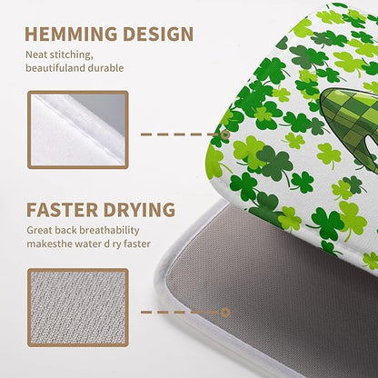 St Patrick's Day Gnomes Dish Drying Mat Shamrock Green Spring Kitchen Dish Drying Pad Absorbent Dish Dryer Mat for Kitchen Countertops Microfiber Dishes Drainer Pad Dish Drying Rack Mat (18x24 in)