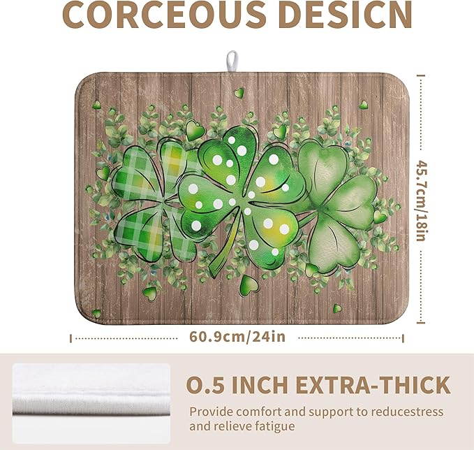 St Patricks Day Wooden Plank Texture Shamrock Dish Drying Mat St Patrick Eucalyptus Leaves Clover Dish Drying Pad for Kitchen Counter Absorbent Microfiber Dishes Drainer Rack Mats 18x24 Inch