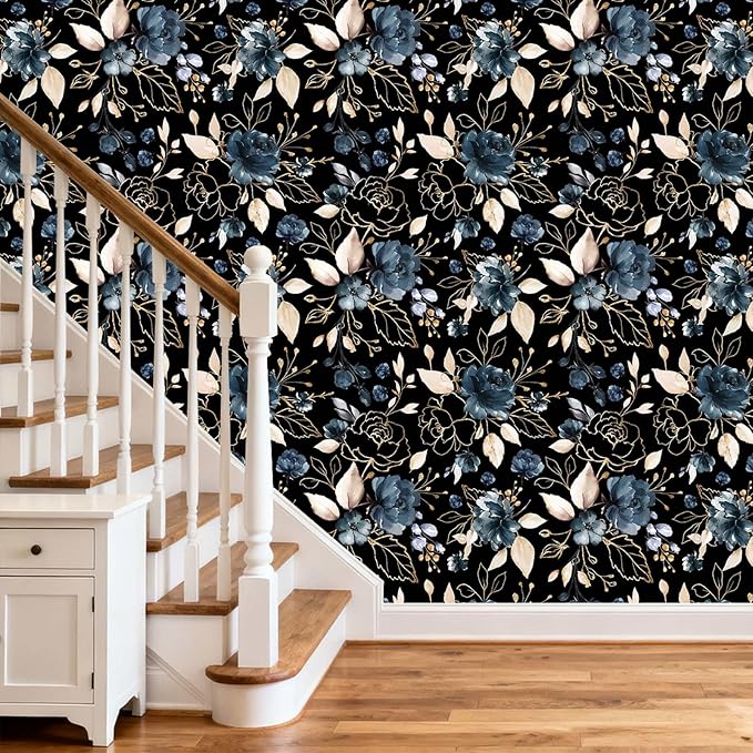 Black and Gold Floral Peel and Stick Wallpaper Self Adhesive Removable Thick Modern Dark Botanical Watercolor Navy Blue Flower Accent Wall for Bedroom Bathroom Renter Friendly 17.7" x 78.8"