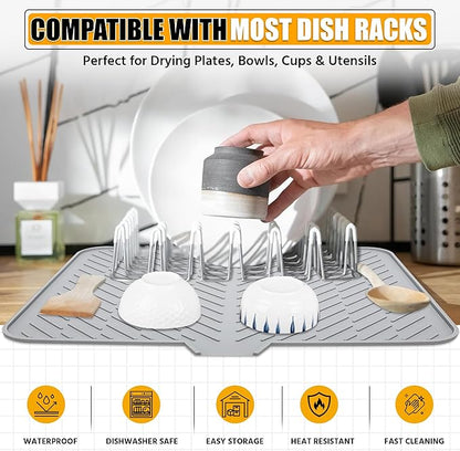 Luxet Silicone Dish Drying Mat with Built-in Drain Lip - Hygienic Drying Pad - Sturdy Compact Easy to Clean Tray Protects Surfaces Prevents Water Build Up - 23 X 17 (Grey)